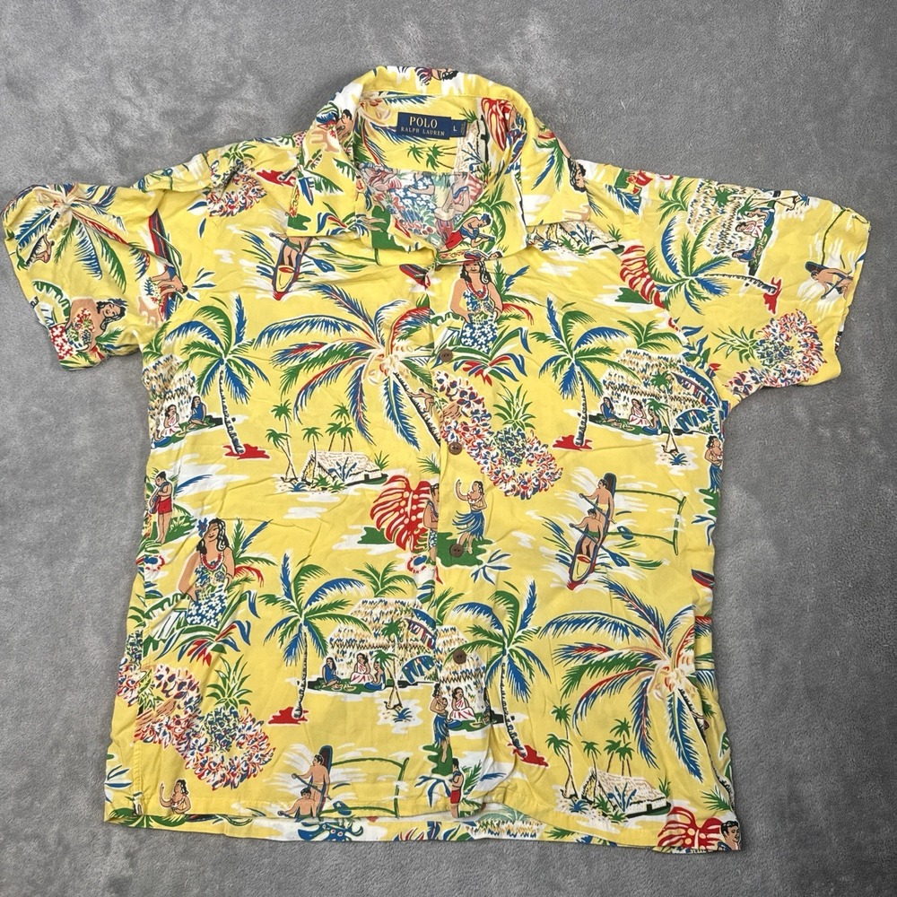 Polo Ralph Lauren Mens Yellow Hawaiian Aloha Tropical Print Shirt Large L